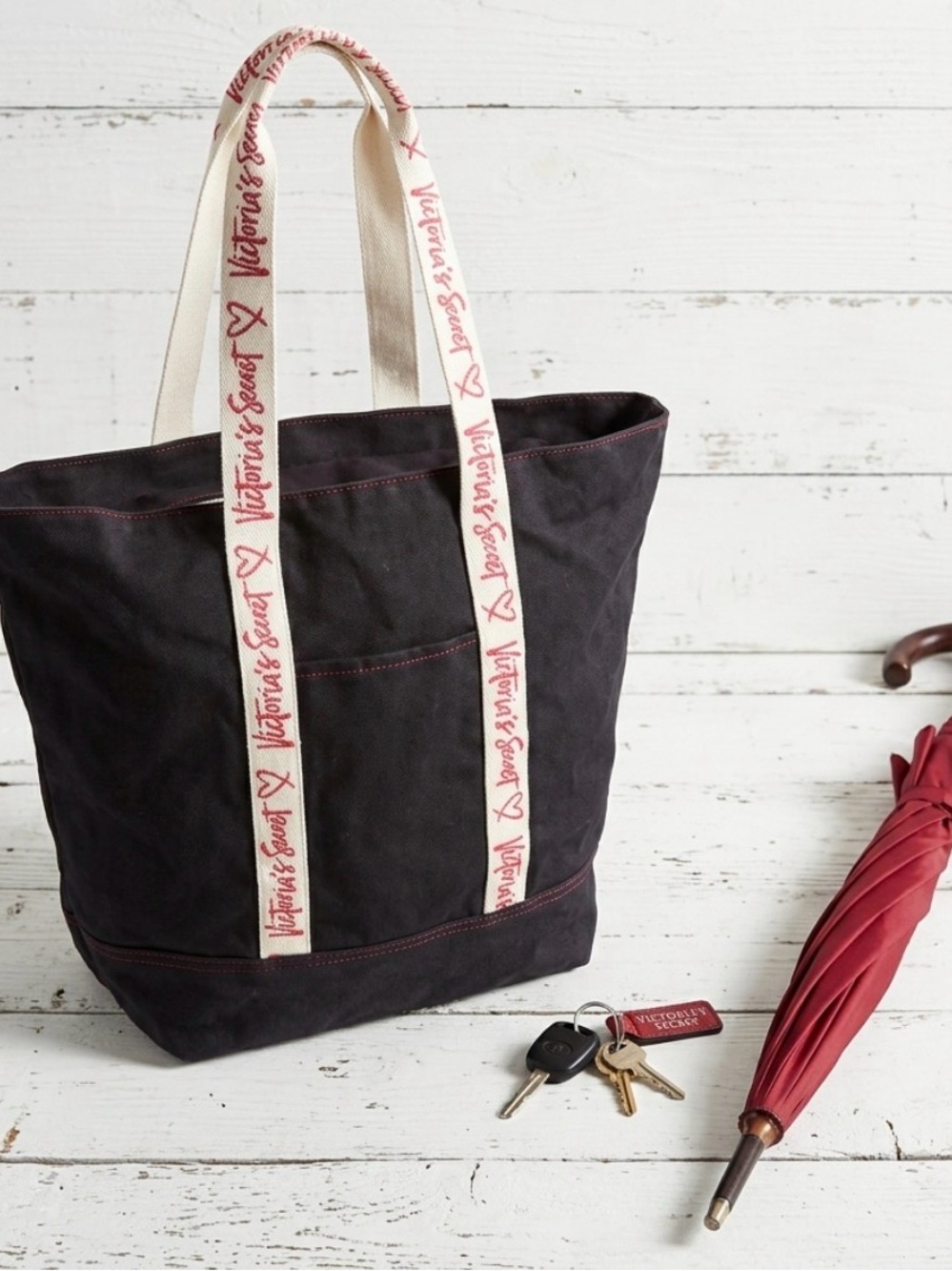 Victoria's Secret Black Tote with Cream Logo Straps